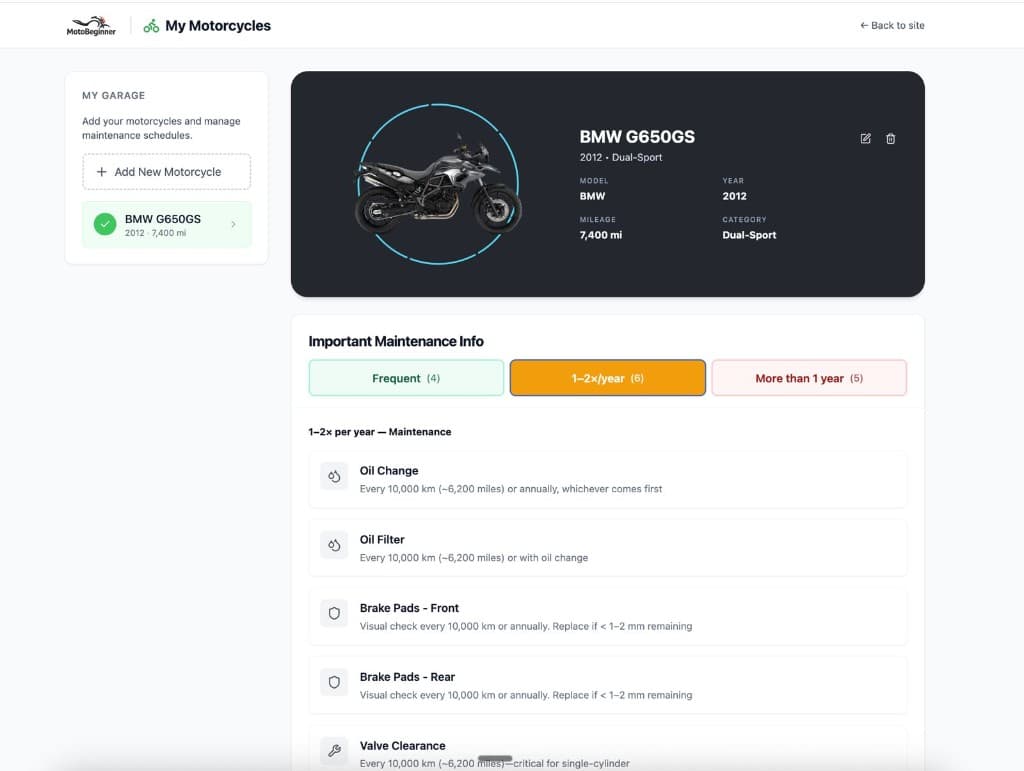 My Motorcycles: add your bike and see maintenance schedule by frequency (Frequent, 1–2x/year, More than 1 year)
